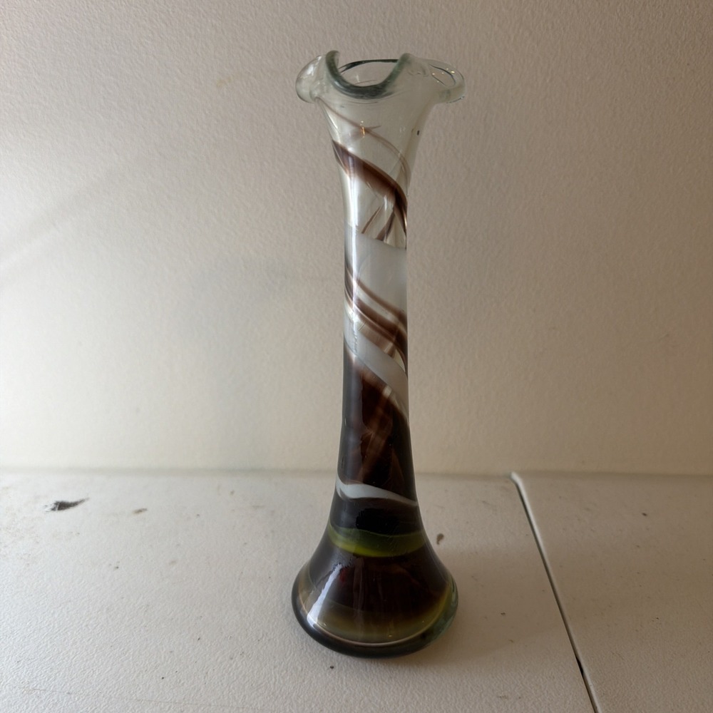 Vintage Hand Blown Glass Vase Brown Green Swirl 8"